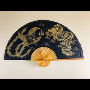Large Black & Gold Fabric & Wood Asian Dragon fan